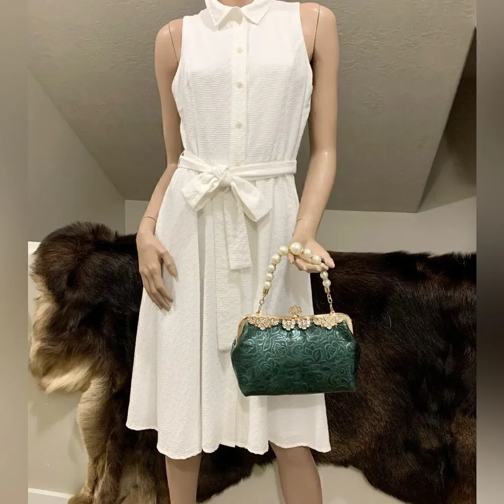 Handmade Genuine Leather Floral Embossed Push-lock Wristlet/Crossbody/Eveningbag
